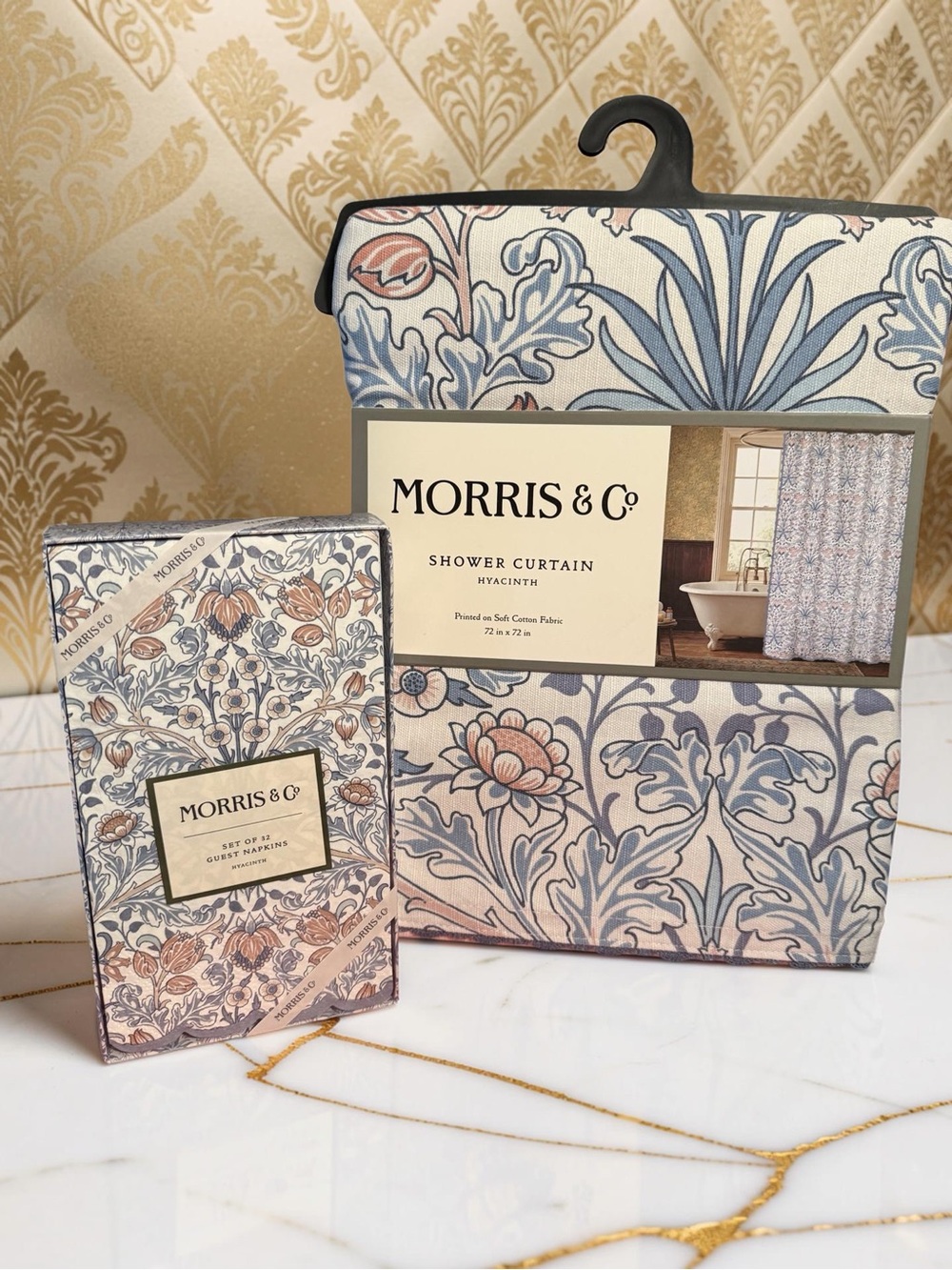 William Morris & Co. NWT Hyacinth Blue & Cream Shower Curtain & Guest Napkins